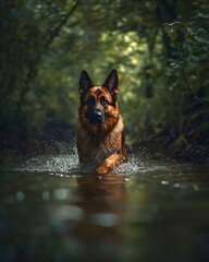 Majestic German Shepherd Exploring a Tranquil Forest Stream