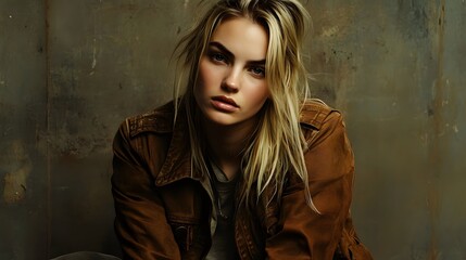 A wavy-haired blonde lounges against a black backdrop in an open brown suede jacket and dark denim, soft light sculpting textures and exuding effortless confidence.