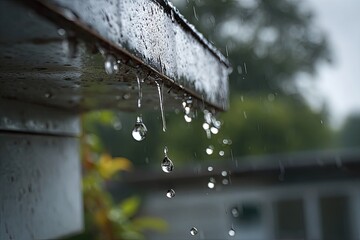 Raindrops falling from a weathered gutter during a rain shower