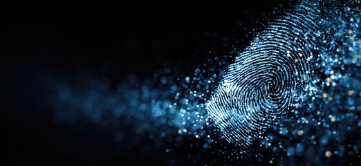Abstract digital fingerprint formed from glowing particles on a dark background