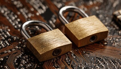 Two brass padlocks on a circuit board, symbolizing data security