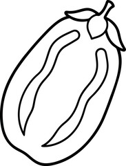 Black and White Line Drawing of Date Fruit with Curved Body and Leafy Stem Isolated