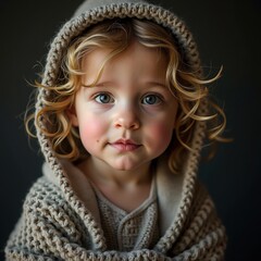 Child Portrait Wearing Knitted Hood Close-up Innocence