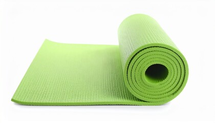 Bright green yoga mat partially rolled, ideal for fitness, exercise, and yoga practice on a clean white background.