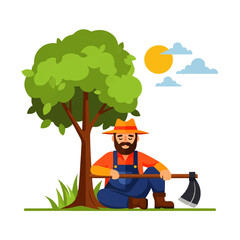 Fototapeta premium A bearded farmer rests peacefully under a tree, his hoe resting beside him, enjoying a moment of quiet in the sun-drenched countryside.