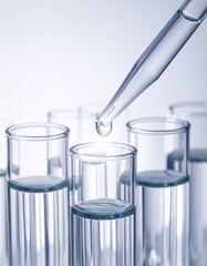Close-up of a glass pipette dropping liquid into a test tube with clear solution

