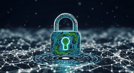 Cybersecurity concept padlock with glowing circuit design, encryption background