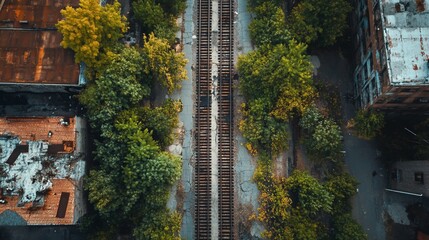 Overgrown rail tracks split derelict buildings, viewed from above