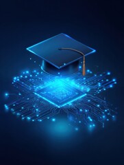 Modern Graduation Cap Floats Above a Circuit Board Design With Glowing Blue Lights at Night Showcasing Technology and Education Fusion