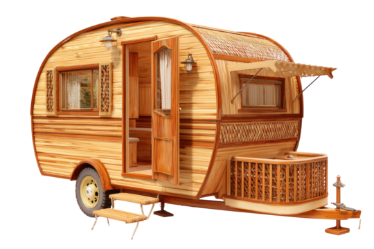 Wooden Vintage Caravan Camper on Transparent Background