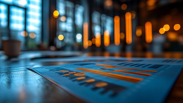 Blue and Gold Financial Document on Wooden Table in Modern Cafe