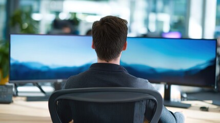 Medium shot emphasizing an individual setting dual monitors at eye level background out of focus illustrating proper ergonomic assessment in office settings.