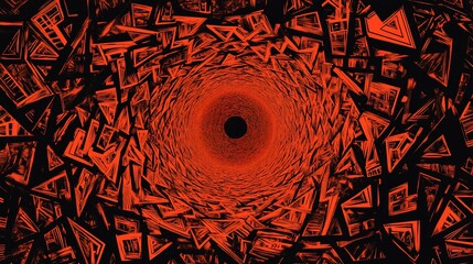 Red tunnel of angular geometric shapes converging into a dark center, creating depth