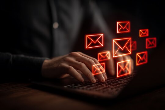 Businessman typing on laptop with warning email icons, representing email threat, phishing attack, malware, data breach, cybersecurity alert, scam message, spam risk, and online fraud protection.