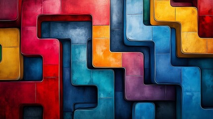 Colorful, interconnected geometric shapes with rounded edges create an abstract, layered pattern