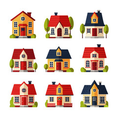 Nine charming suburban houses with red and yellow accents, neatly arranged, showcasing a cheerful and inviting neighborhood aesthetic.