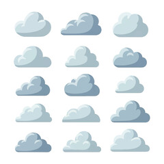 Obraz premium A collection of fifteen cartoon clouds in various shapes and sizes, floating against a white background, conveying a peaceful and dreamy atmosphere.