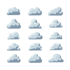 Obraz premium A collection of fifteen diverse cartoon clouds floats serenely against a white background, conveying a lighthearted and whimsical mood.