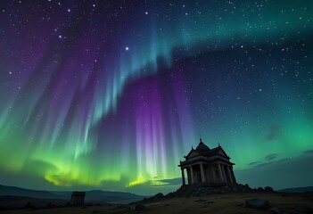 Aurora Borealis above classical temple in mountain landscape