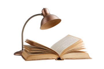 Open Book and Vintage Desk Lamp on Transparent Background