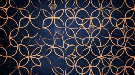 Golden flower pattern with overlapping quatrefoils against a dark blue textured background, softly lit