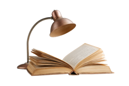 Open Book and Vintage Desk Lamp on Transparent Background