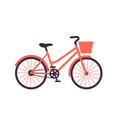 Fototapeta premium A stylized illustration of a coral-colored bicycle with a basket, set against a white background.
