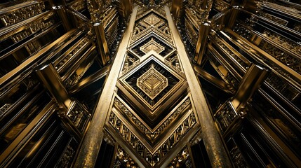 Elaborate golden geometric structure rises, intricate and symmetrical, viewed from below