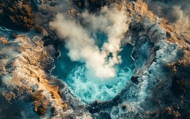 Steaming turquoise geyser in rugged terrain, seen from above