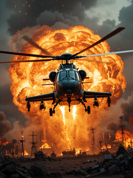 Action shot with helicopter hovering in the air over flame and explosions. Dynamic scene in action movie blockbuster style.