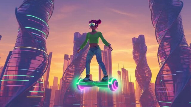 Futuristic cityscape with a girl on a hoverboard