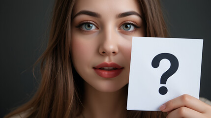 Girl question, anonymous, incognita. Unknown woman holding question mark. Girl holding paper question mark. Anonymous, woman question, incognita. Anonymous woman. Female incognita