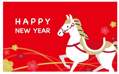 白馬と赤い和風背景イラスト素材