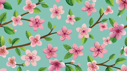 Pink cherry blossoms and green leaves on teal background seamless pattern pink flower