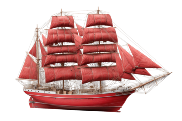 Red Three-Masted Sailing Ship on Transparent Background