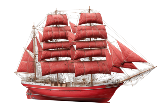 Red Three-Masted Sailing Ship on Transparent Background