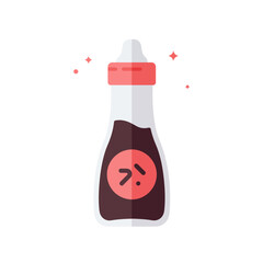 Obraz premium Soy sauce bottle with red cap and label, surrounded by small sparkles.