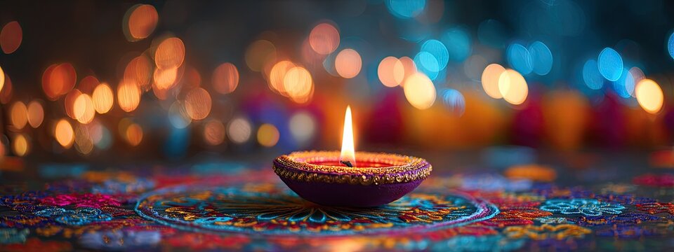 A lit diya rests on a colorful rangoli pattern, with a bokeh background of lights