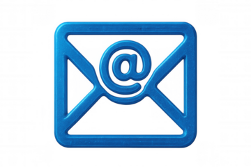 Blue metallic email symbol on a transparent background, representing online communication and digital messaging