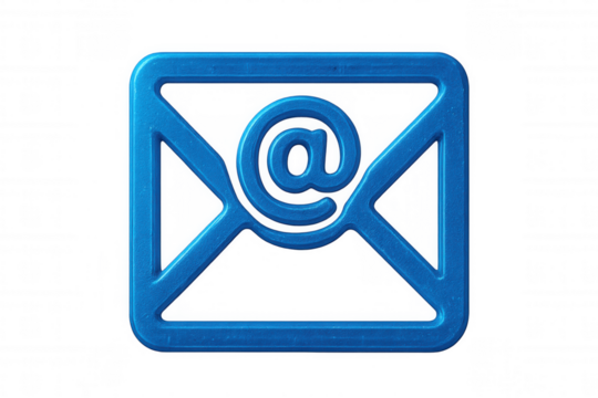 Blue metallic email symbol on a transparent background, representing online communication and digital messaging
