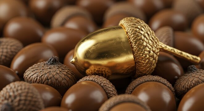 An acorn made of solid gold, resting on a bed of ordinary acorns. A metaphor for hidden value and unrecognized potential.