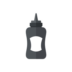 A black bottle with a nozzle and a white label on a white background.