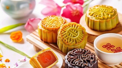 Mooncakes: Traditional Chinese Pastry for Mid-Autumn Festival. Flavors Include Lotus Seed Paste, Red Bean, Salted Egg Yolk. Sweet, Rich, Perfect for Gifting & Celebrations. Vegan