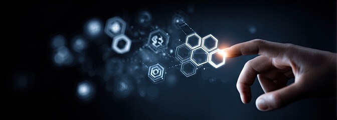 Fingertip interacts with glowing hexagonal network, representing digital connection and data flow