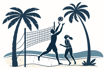 Dynamic illustration of a beach volleyball game with palm trees and a sandy shore, capturing the energy of summer sports and outdoor recreation