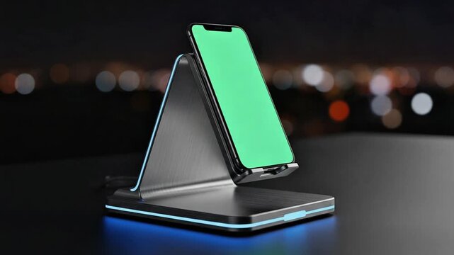 Smartphone on charging stand with green screen for customization and design