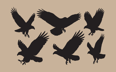Obraz premium Collection of black eagle silhouettes in flight against a tan background