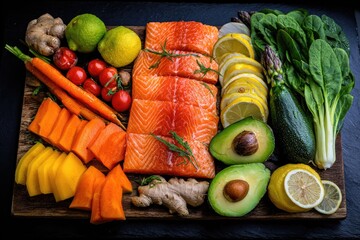 Fresh salmon fillets arranged with vibrant vegetables & fruit on a wooden board