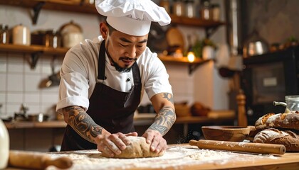 Baker kneading dough in a rustic kitchen