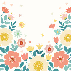Coral Yellow Pink Blue Flowers and Hearts Border on White Background floral